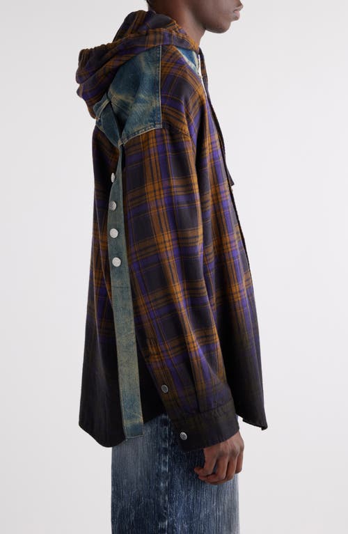 Shop Acne Studios Flannel & Denim Hooded Button-up Shirt In Purple/brown