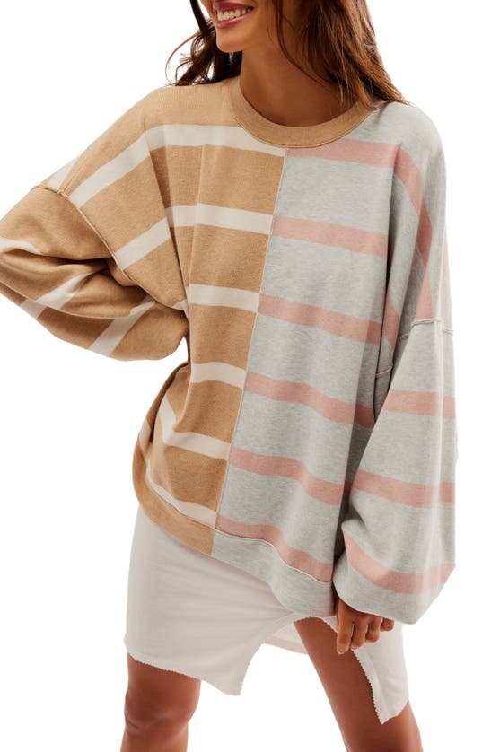 Shop Free People Uptown Stripe Sweatshirt In Camel Grey Combo