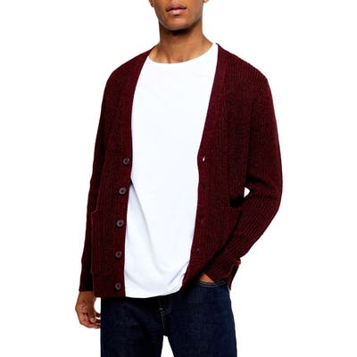 Topman Rack Textured Cardigan Sweater, Burgundy