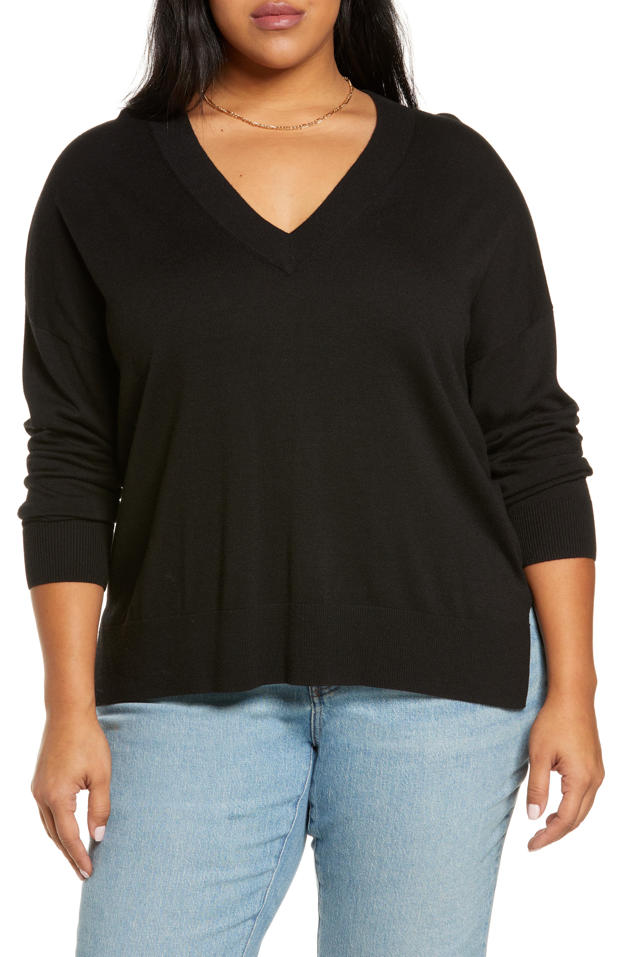 Treasure \u0026 Bond Drop Shoulder V-Neck Sweater in Black at Nordstrom, Size 1x