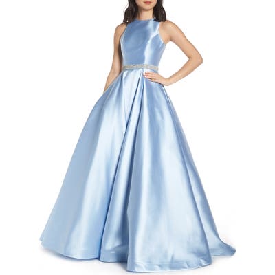 MAC Duggal Jeweled Waist Satin Twill Evening Dress, Blue