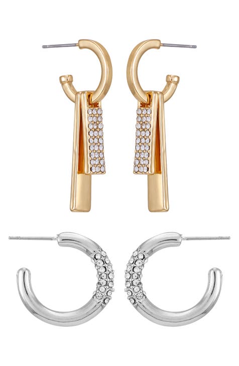 Set of 2 Crystal Embellished Hoop Earrings