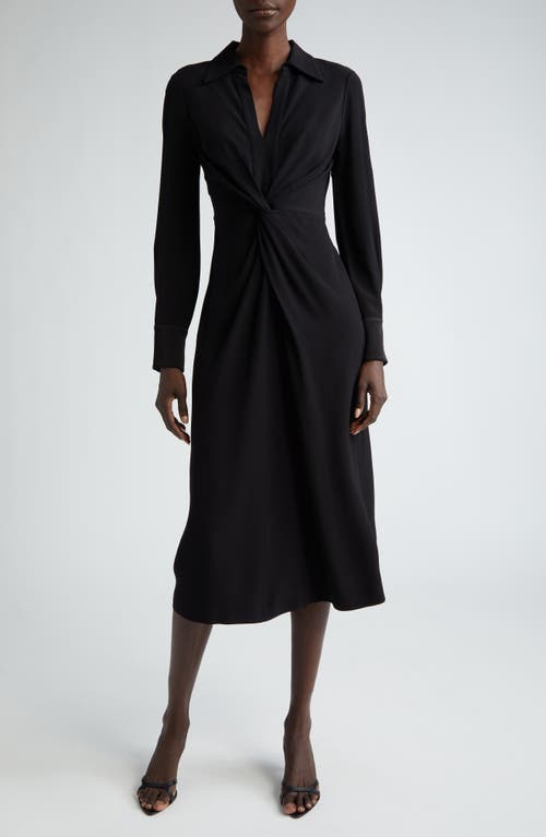 St. John Collection Twist Front Long Sleeve Crepe Back Satin Midi Shirtdress Black at Nordstrom,