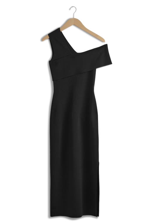 & Other Stories One-shoulder Asymmetric Midi Dress In Black Dark