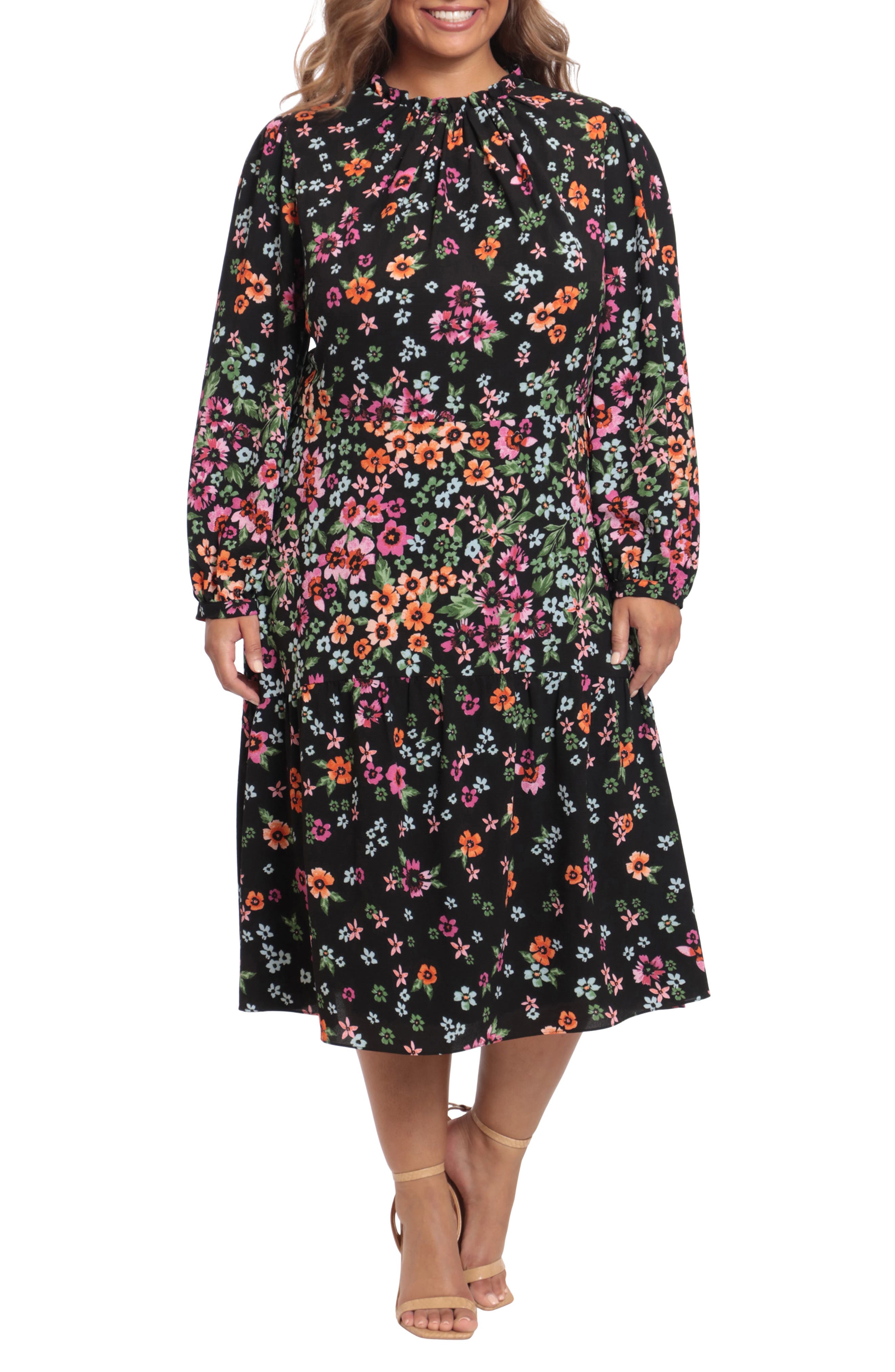 Maggy London Floral Long Sleeve Fit \u0026 Flare Midi Dress in Black/Orchid at Nordstrom, Size 16W