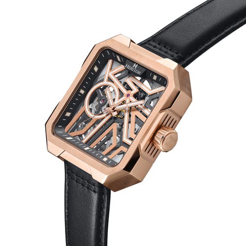 Heritor Automatic Campbell Leather-band Skeleton Watch In Rose Gold/black