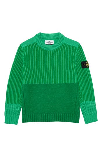 Stone Island Kids' Mixed Stitch Wool Blend Sweater In Green