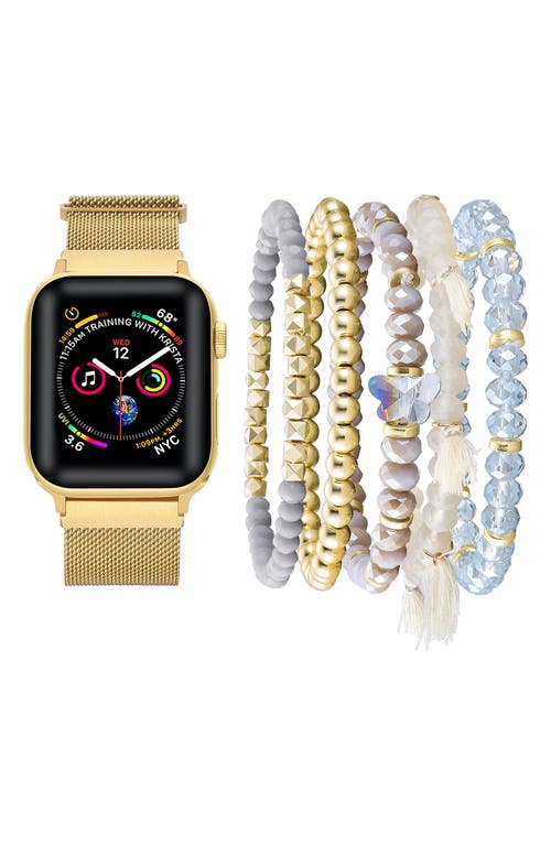 Beaded Bracelet & Mesh Apple Watch Watchband Set in Gold
