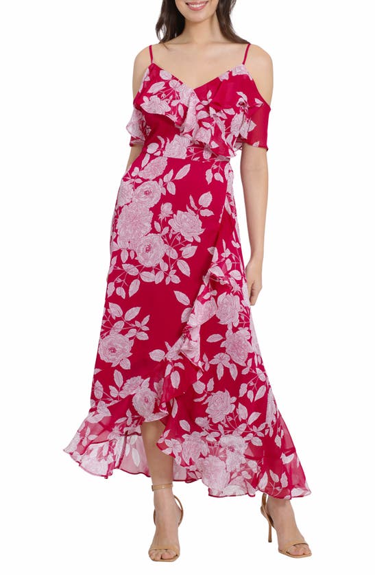 fitted lace wedding dress Fiery Red Floral Cold-Shoulder Maxi Dress