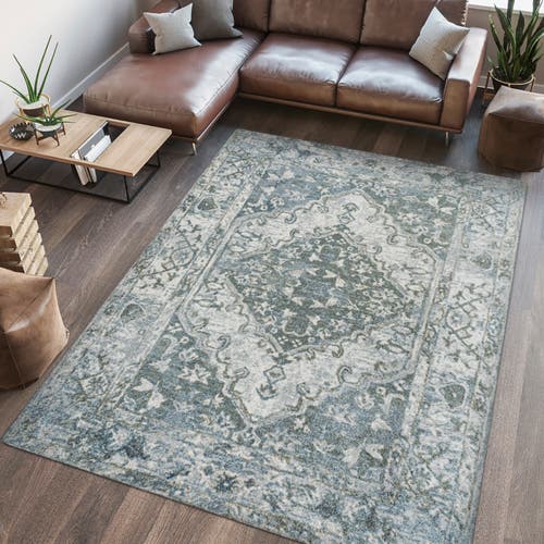 Jonathan Y Pavel Distressed Medallion Low-pile Machine-washable Area Rug In Light Gray/blue