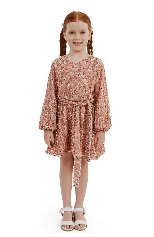 Shop Bardot Junior Kids' Velour Sequin Long Sleeve Faux Wrap Dress In Dusty Pink