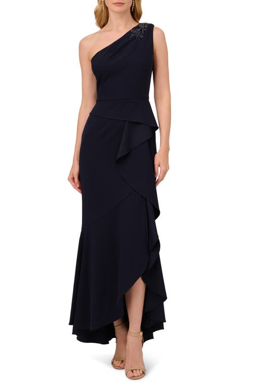 Adrianna Papell Beaded One-shoulder Crepe Gown In Midnight