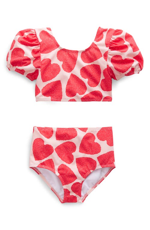 Mini Boden Kids' Puff Sleeve Two-Piece Swimsuit Peach Skin Hearts at Nordstrom,