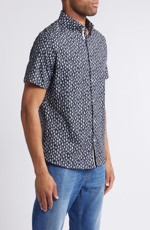 Stone Rose Sailboat Print Short Sleeve Stretch Cotton & Lyocell Button-up Shirt In Navy