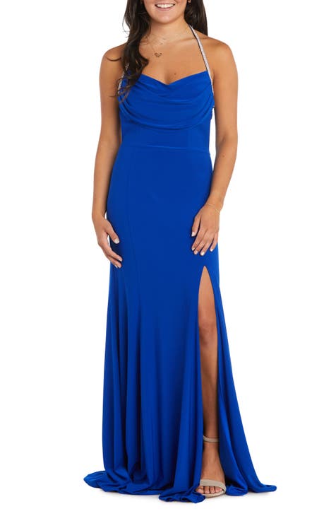 Eightree Simple Blue Velvet Evening Dresses Long Sleeves High Neck