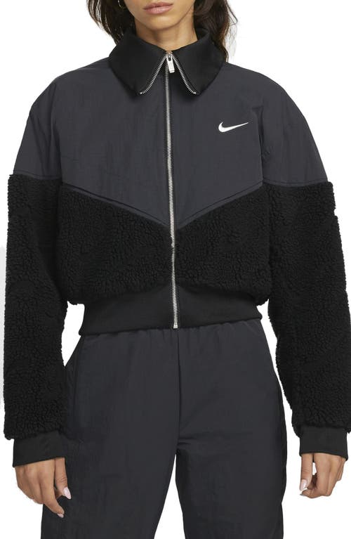 Nike Crop Mixed Media Jacket In Black/black/black