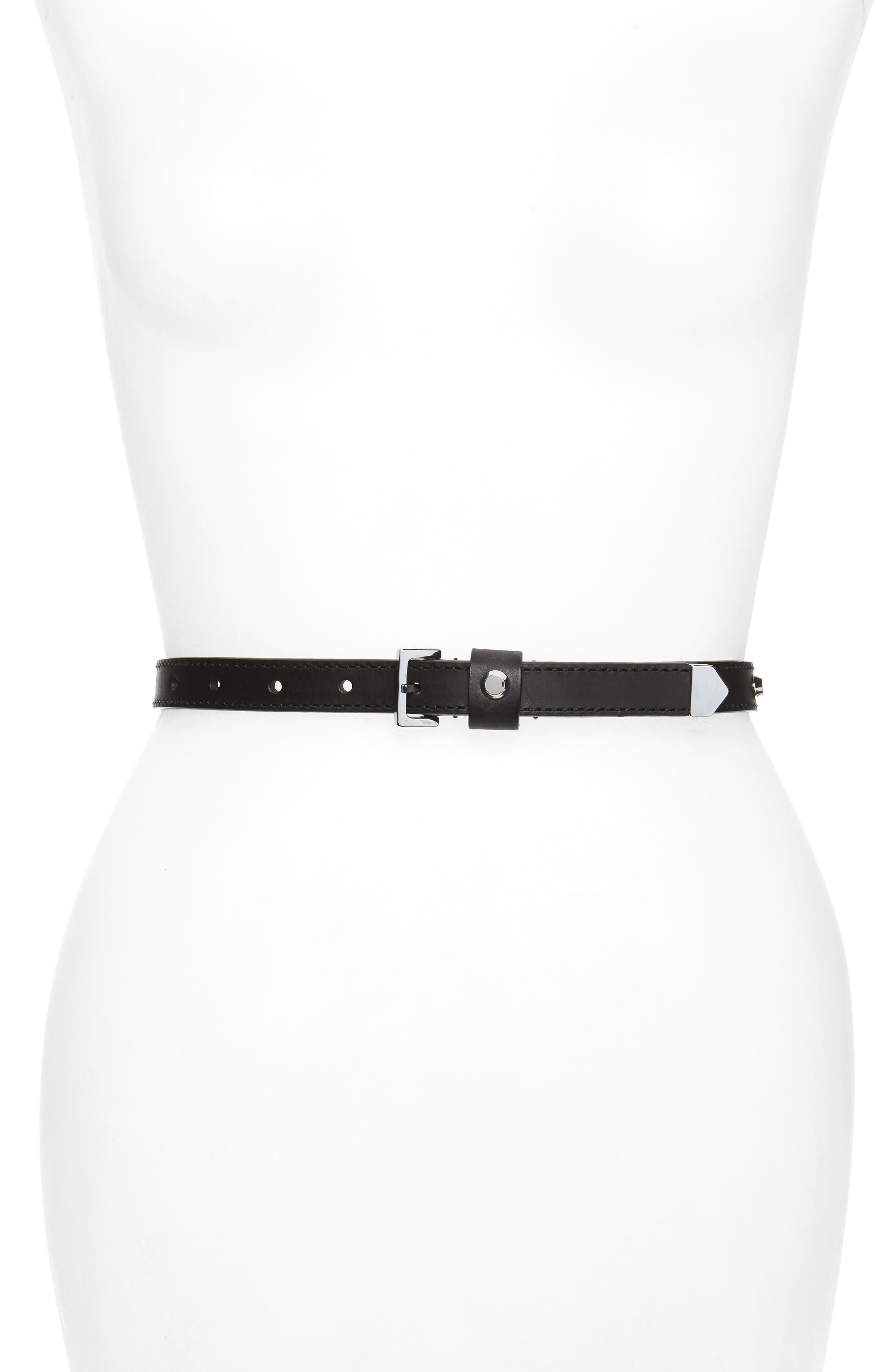 Allsaints Studded Leather Skinny Belt, Black/shiny Nickel