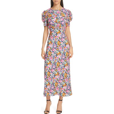 Saloni Bianca Puff Sleeve Silk Midi Dress, Pink