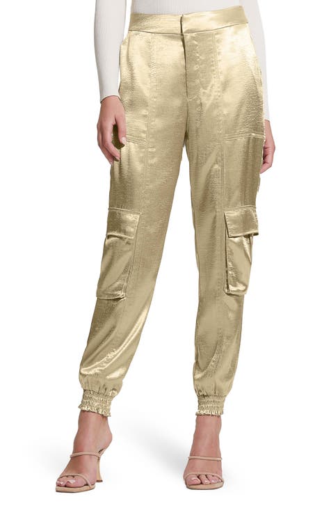 Express Metallic Shine High Waisted Belted Cargo Ankle Pant Gold Women's