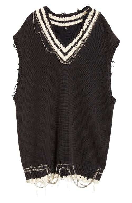 Shop R13 Chain Embellished Distressed Oversize Vest Dress In Black And Ecru With Chains