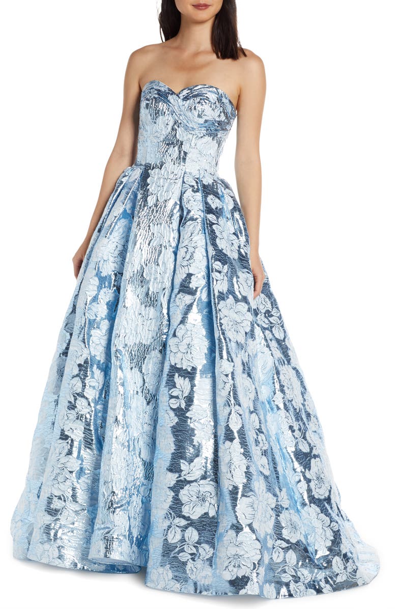  Strapless Metallic Floral Jacquard Prom Dress, Main, color, AQUAMARINE