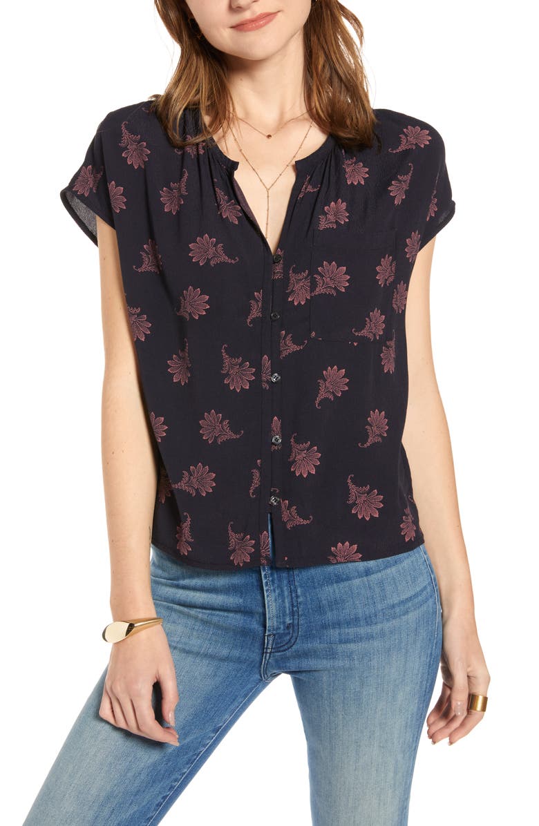  Print Front Button Top, Main, color, NAVY NIGHT FLORAL GEO