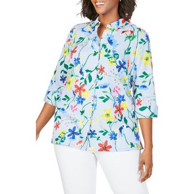 Plus Size Foxcroft Libby In Floral Stripe Shirt, Blue