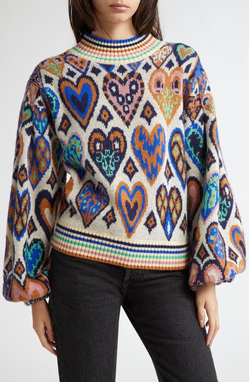 FARM RIO FARM RIO HEARTS IKAT BALLOON SLEEVE SWEATER 