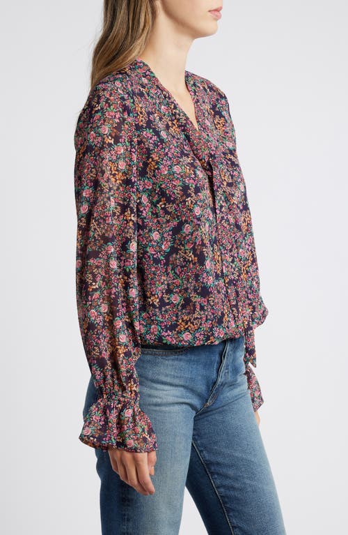 Shop Gibsonlook Floral Print Tie Neck Top In Navy Multi Floral