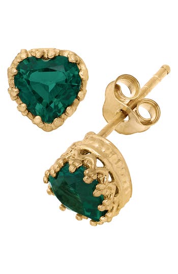 Fzn 14k Gold Plate Sterling Silver Heart Gemstone Stud Earrings In Emerald-yellow