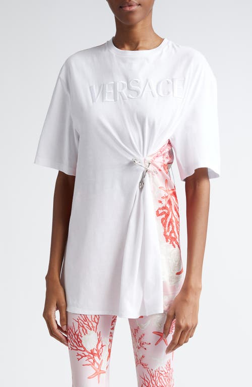 Versace Oversize Holiday Print Safety Pin T-shirt In 2w070-white Multicolor