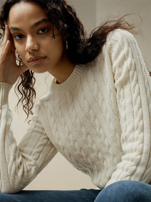 Lilysilk Classic Cable Knit Sweater With Ribbed Edges In White