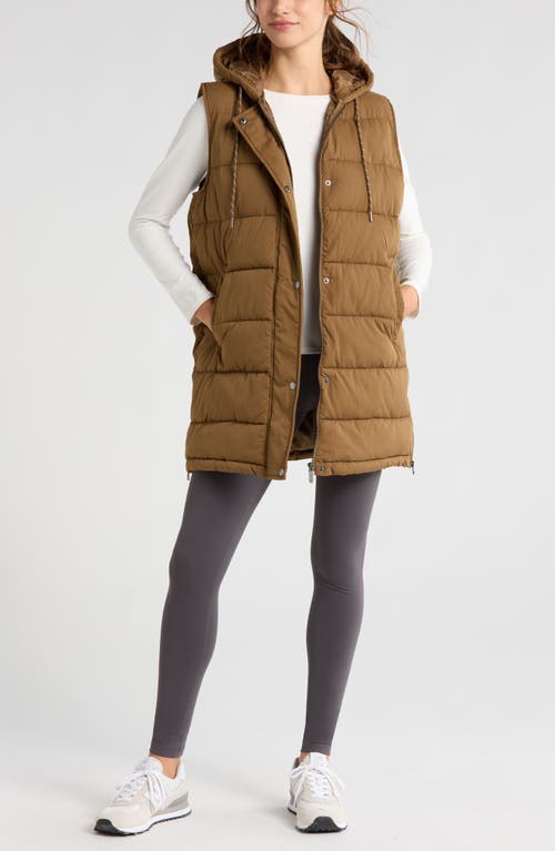 Shop Zella Long Hooded Puffer Vest In Brown Teak