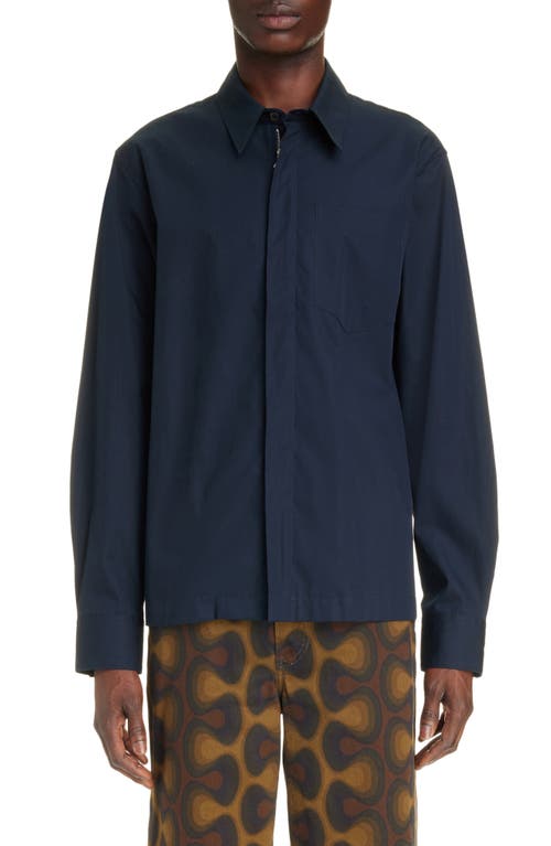 Dries Van Noten Corran Long Sleeve Cotton Zip Front Shirt Midnight 511 at Nordstrom,