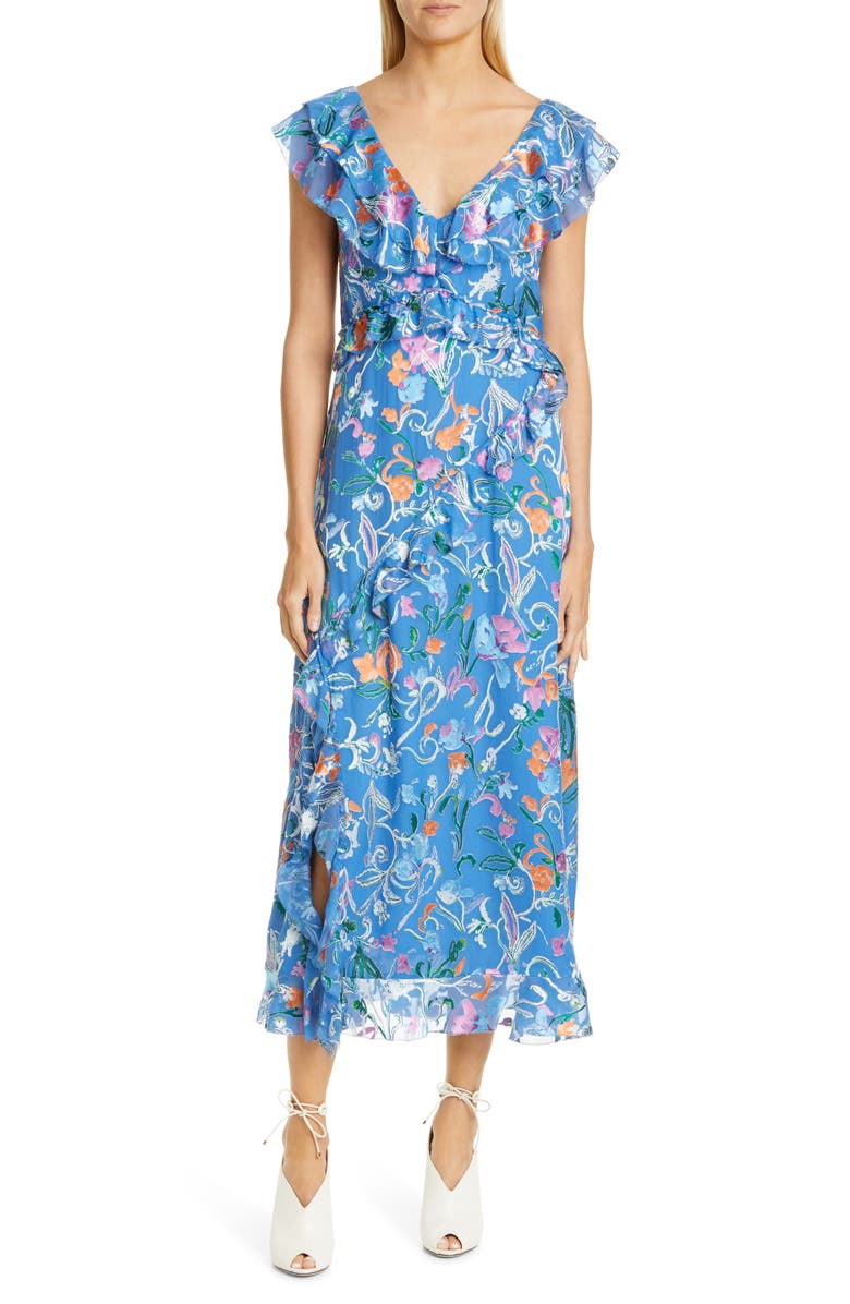 Tanya Taylor Arielle Floral Ruffle Detail Midi Dress (Regular & Plus ...