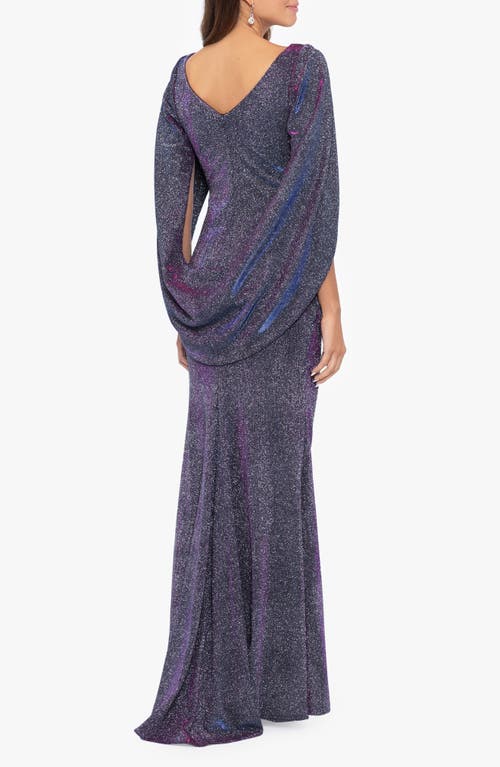 Betsy & Adam Glitter Drape-back Cape Gown In Black/silver/fushia