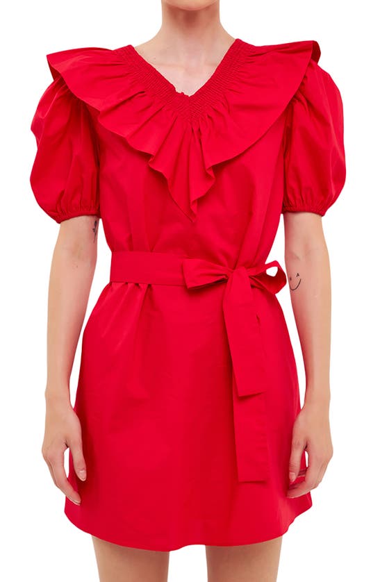 Shop English Factory Smocked Ruffle Puff Sleeve Cotton Minidress In Red