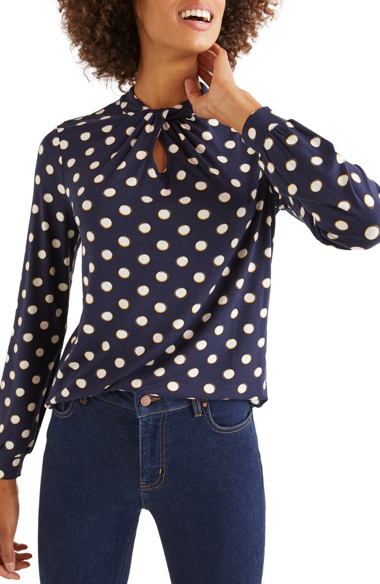 BODEN Pippa Twist Neck Polka Dot Stretch Top, Main, color, NAVY/ POLKA HOOPS