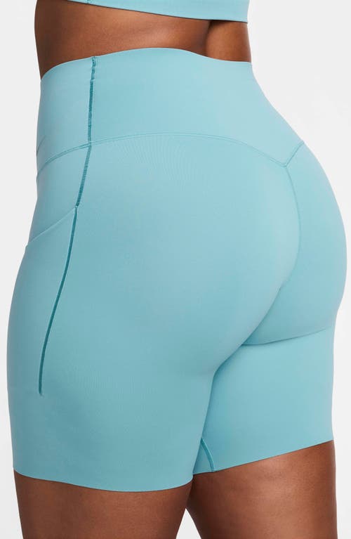 Shop Nike Dri-fit High Waist Bike Shorts In Denim Turquoise/black