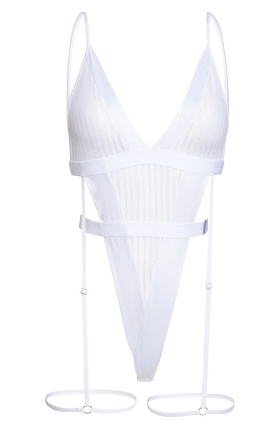 Mapalé Stripe Mesh Thong Teddy & Garter Straps In White | ModeSens