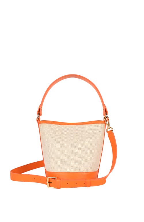 Shop Hyer Goods Canvas And Upcycled Leather Convertible Mini Bucket Bag In Linen/orange