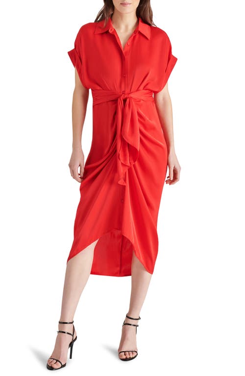 Shop Steve Madden Tori Tie Waist Satin Midi Shirtdress In Red