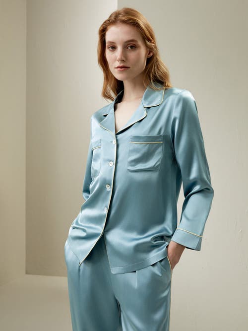 Lilysilk 22mm Gold Piping Silk Pajamas Set In Blue Haze