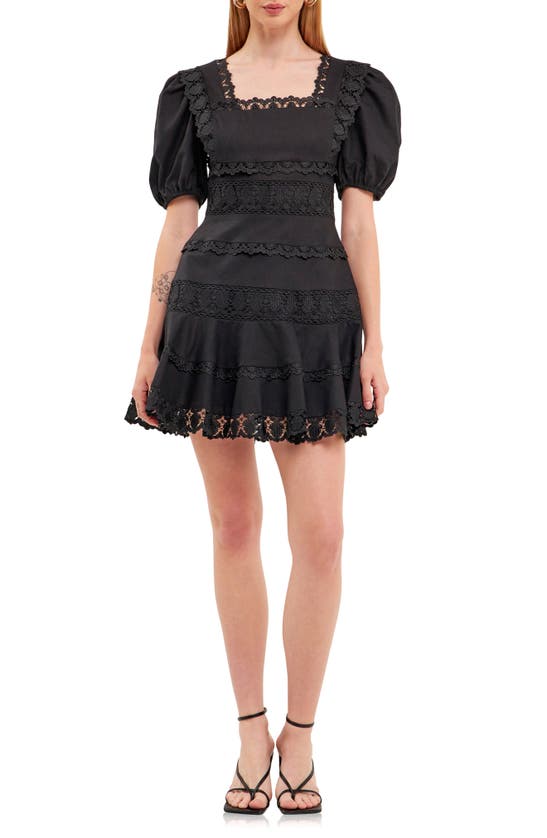 Shop Endless Rose Lace Puff Sleeve Cotton & Linen Minidress In Black