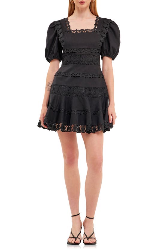 ENDLESS ROSE ENDLESS ROSE LACE PUFF SLEEVE COTTON & LINEN MINIDRESS