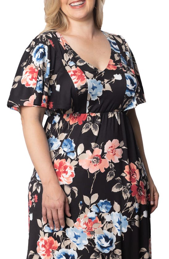 Kiyonna Madrid Floral Flutter Sleeve Maxi Dress In Midnight Meadow
