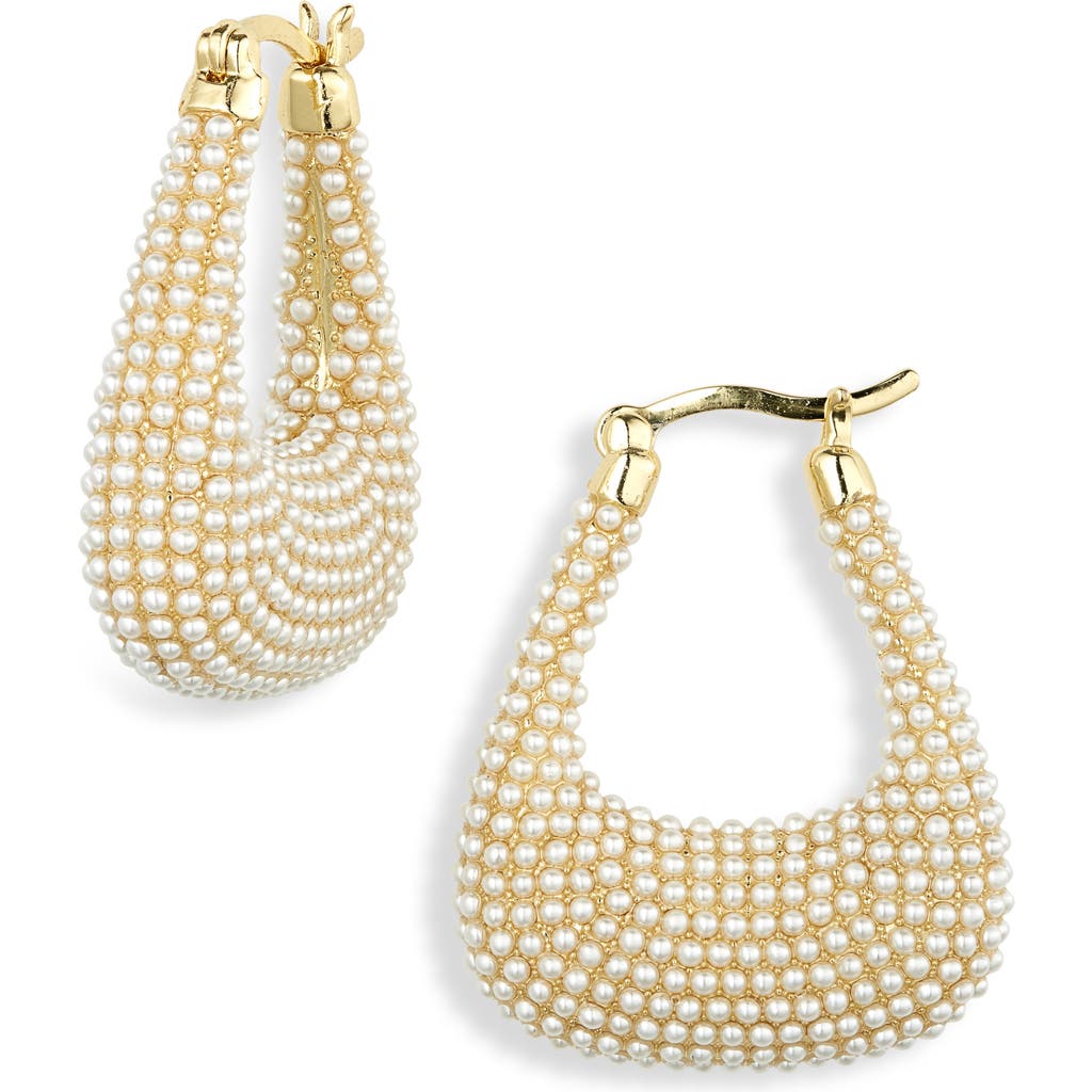 Covet Micro Imitation Pearl Hoop Earrings In Gold