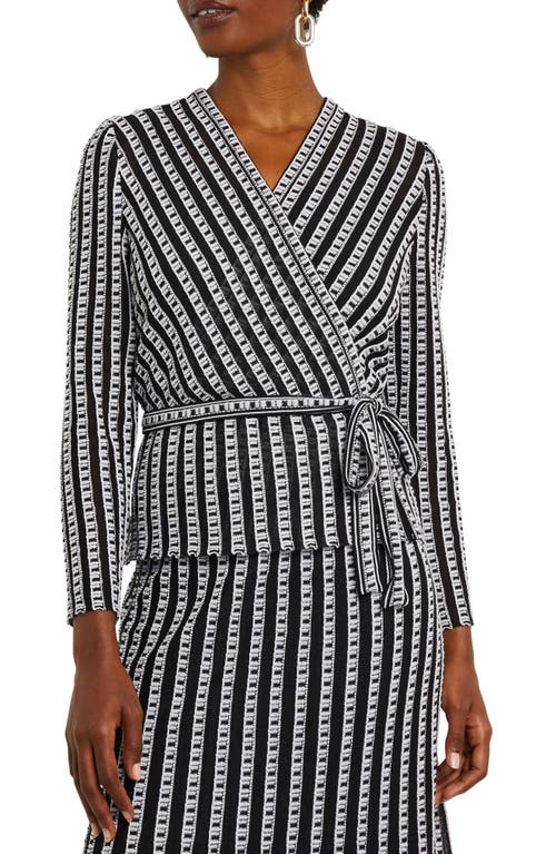 Misook Stripe Tie Waist Wrap Top Black/White at Nordstrom,