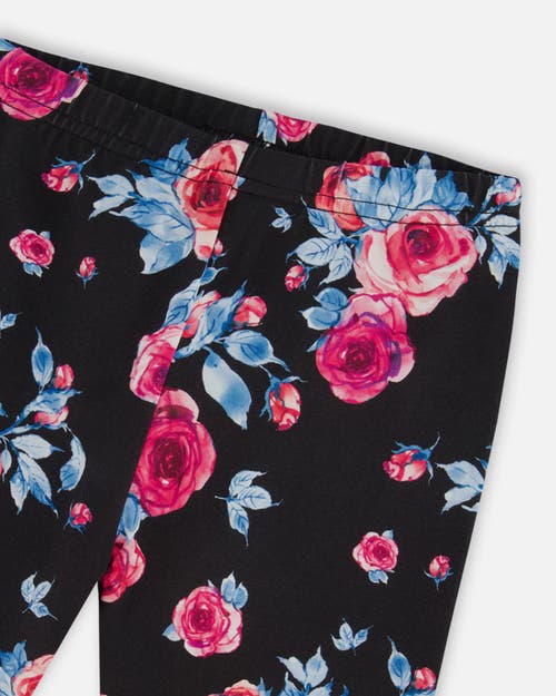 Shop Deux Par Deux Little Girl's Printed Leggings Black With Roses In Printed Roses