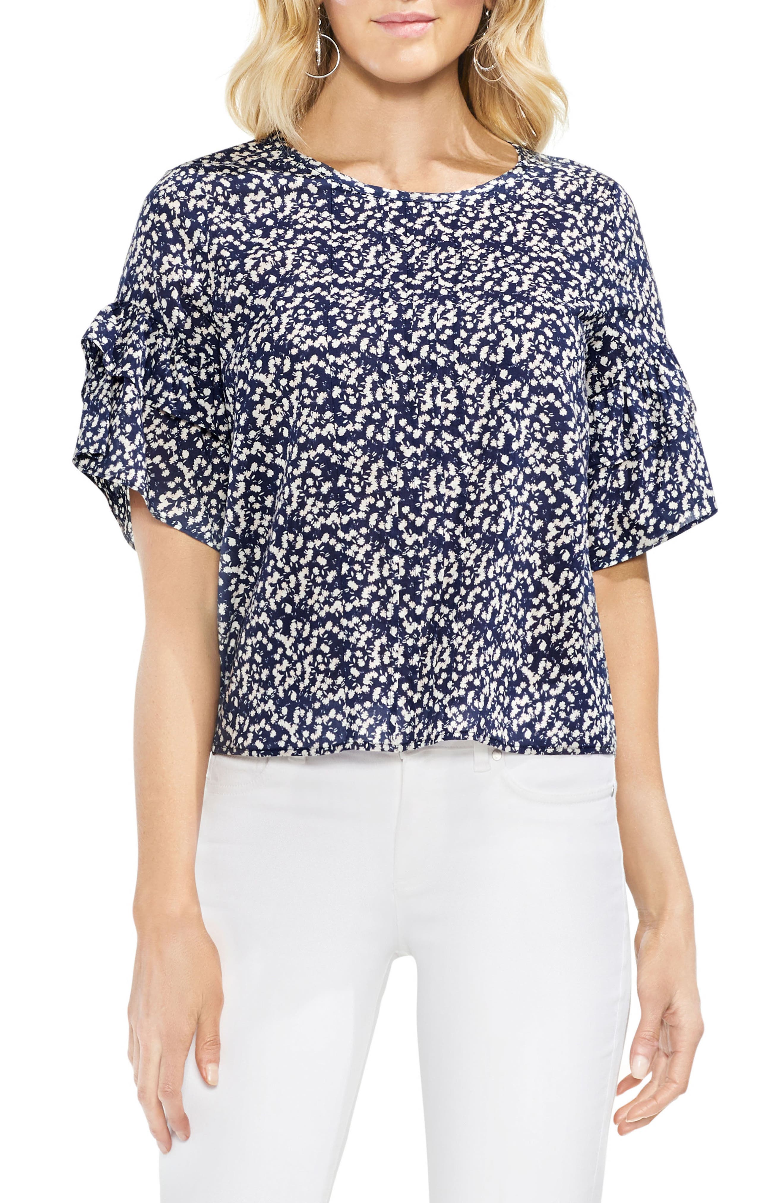 Vince Camuto Womens Printed Ruffle Sleeve Pullover Top Black M